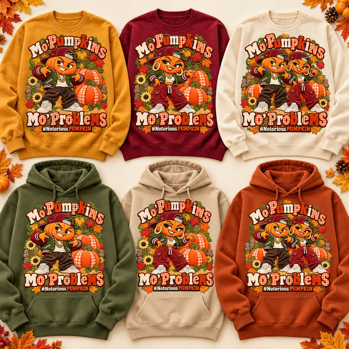 Notorious Pumpkin collection: male left, female center, duo right; sweatshirts top and hoodies bottom