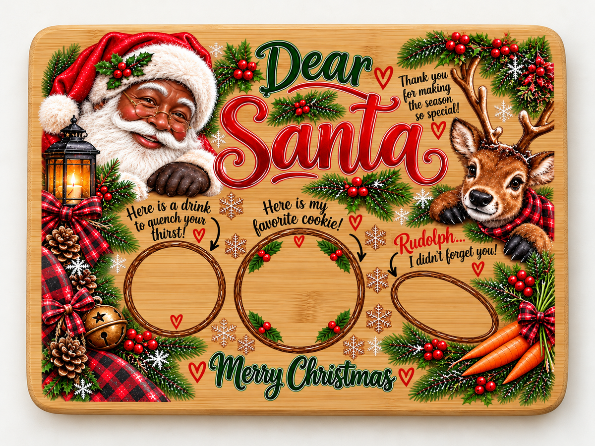 African American Santa 8 by 6 inch bamboo treat board mockup