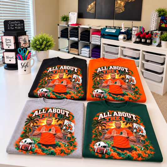 All About the U design shown in black, orange, gray, and green