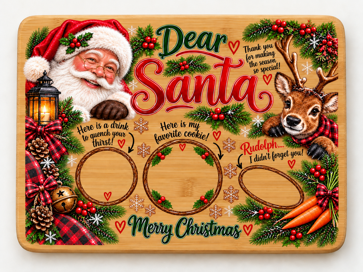 Caucasian Santa 8 by 6 inch bamboo treat board mockup