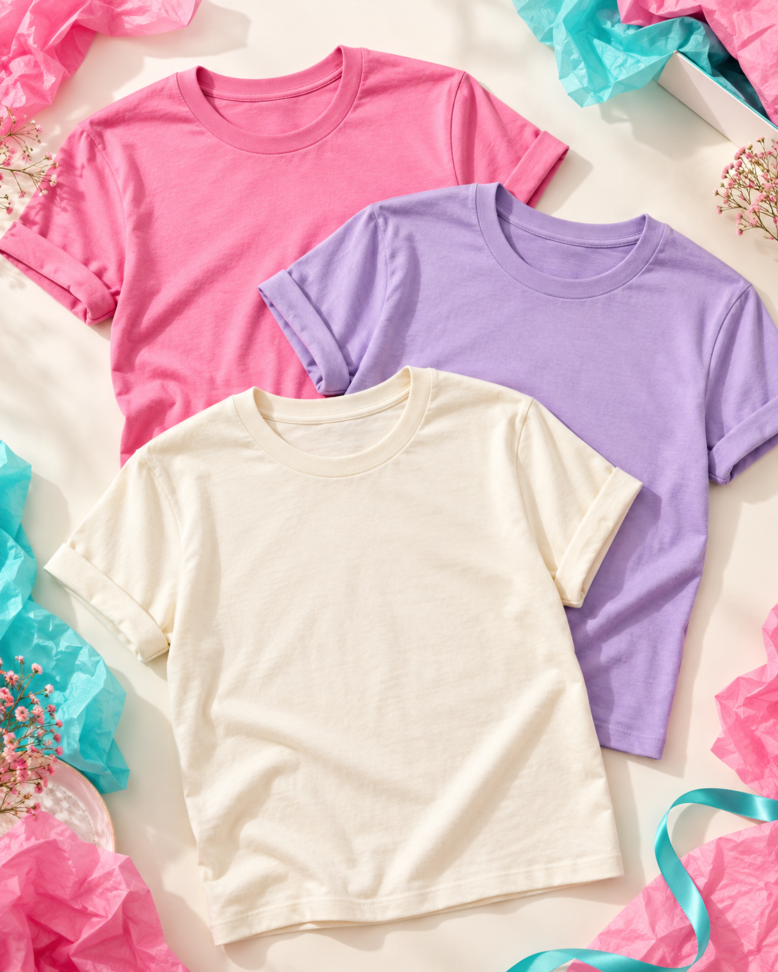 Pink, purple and cream crew-neck shirts ready for your custom design; illustrative mockup