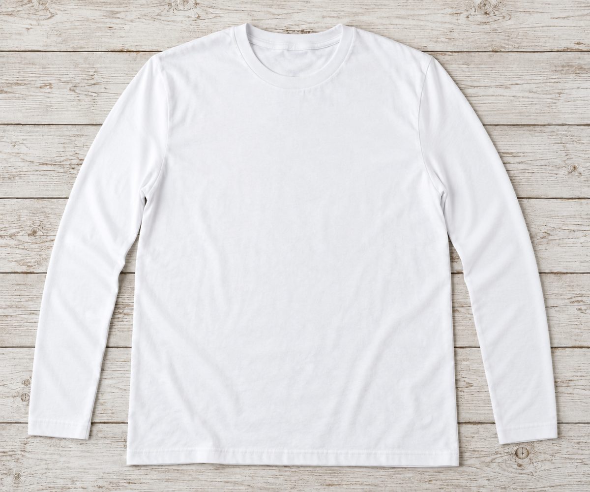 White long-sleeve crew-neck shirt, illustrative custom design mockup