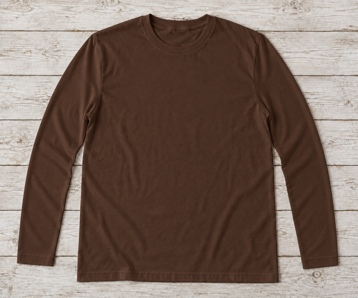 Chocolate long-sleeve crew-neck shirt; illustrative color mockup