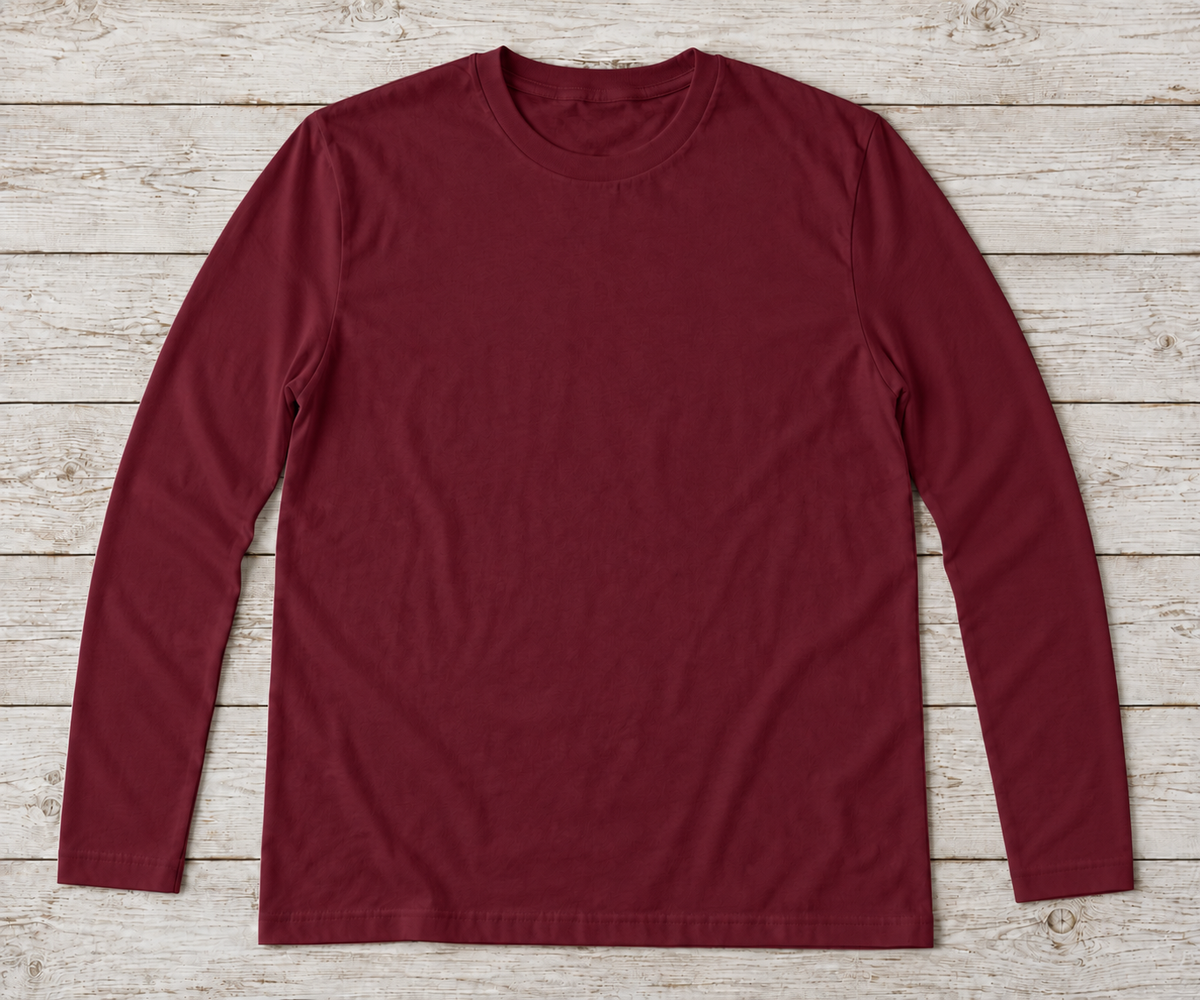 Maroon long-sleeve crew-neck shirt; illustrative color mockup