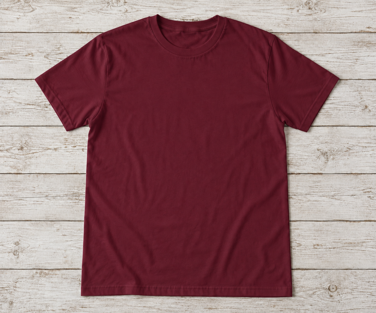 Maroon short-sleeve crew-neck shirt; illustrative color mockup