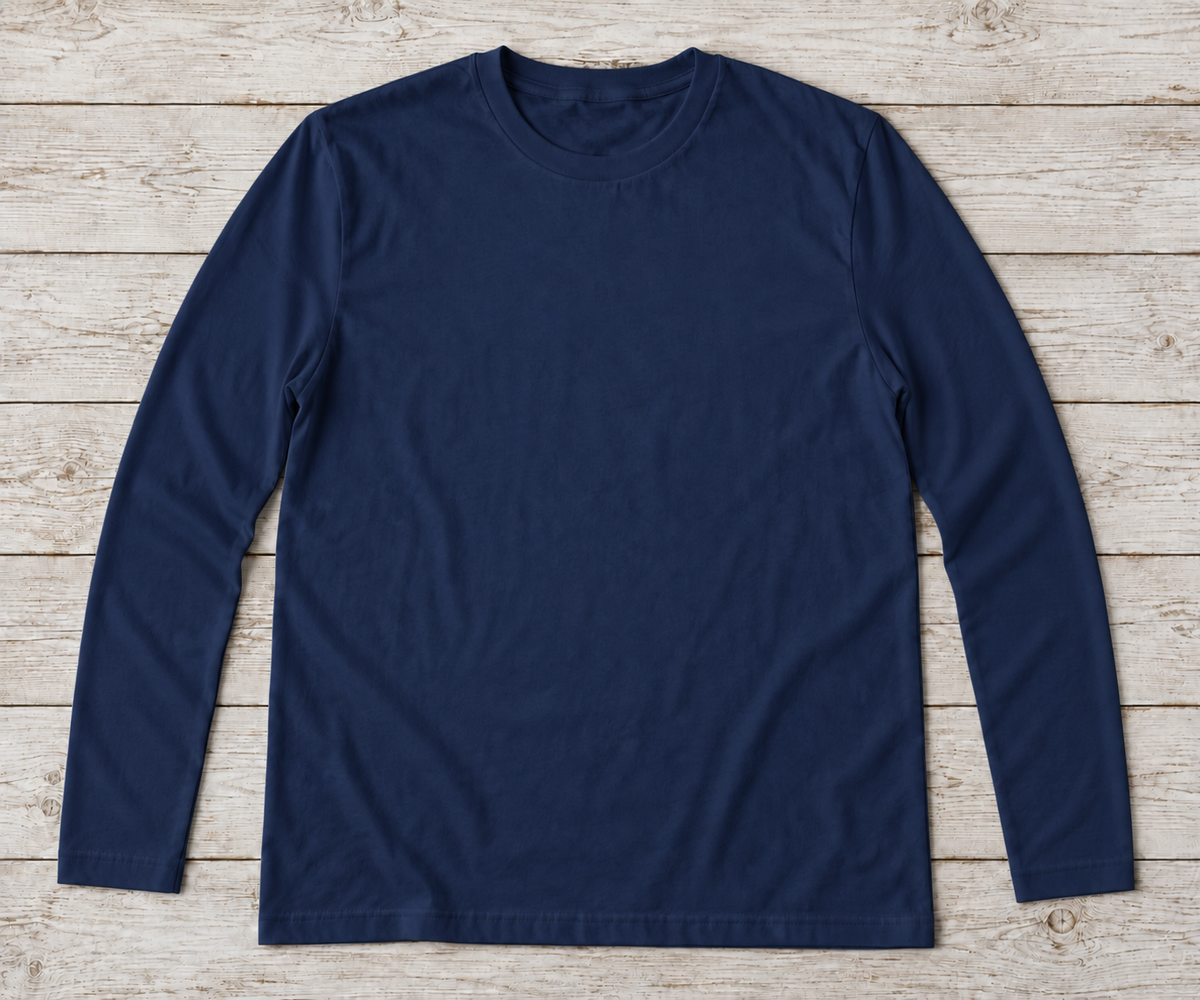 Navy long-sleeve crew-neck shirt; illustrative color mockup