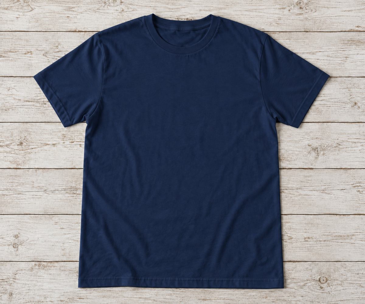 Navy short-sleeve crew-neck shirt; illustrative color mockup