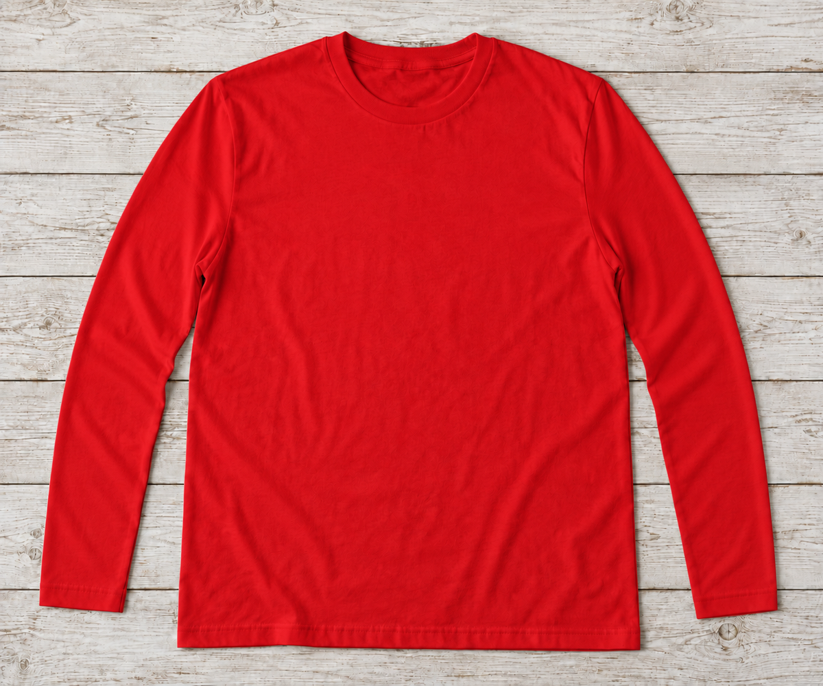 Red long-sleeve crew-neck shirt; illustrative color mockup