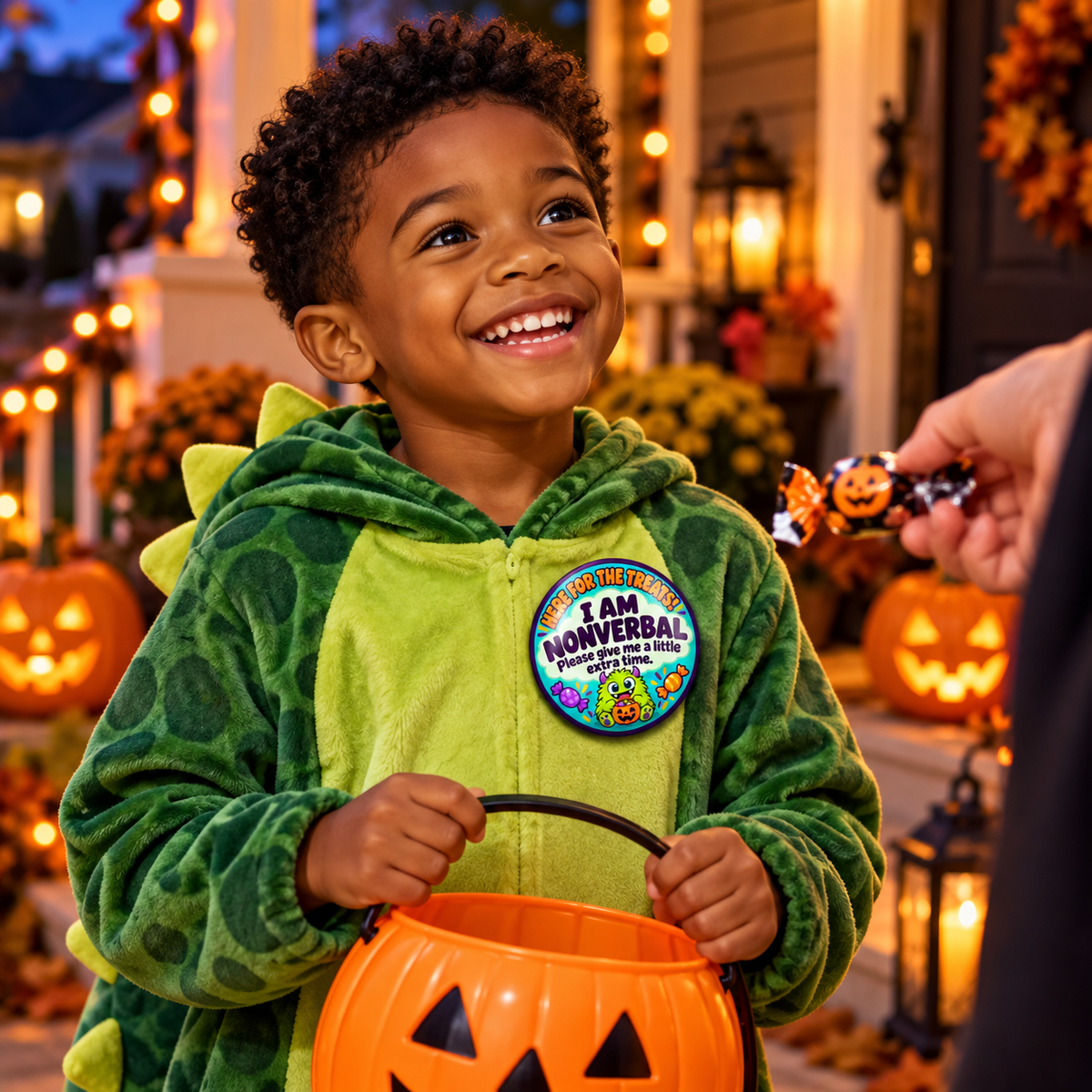 Boy wearing the Candy Monster button while trick-or-treating