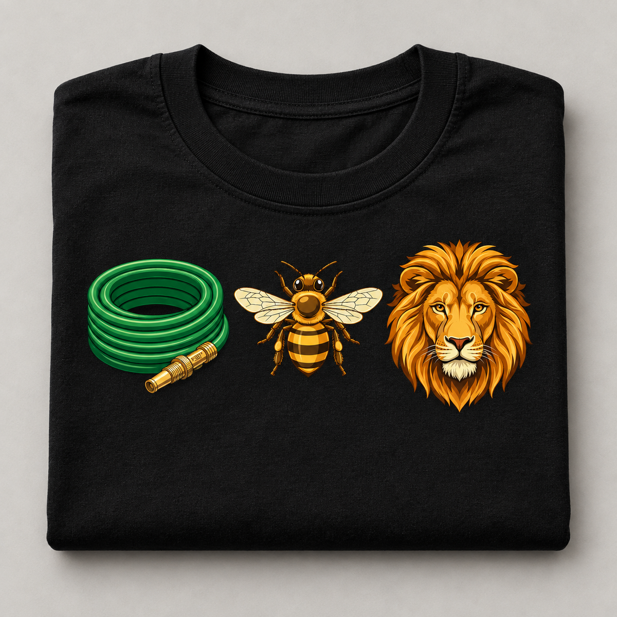 Hose Bee Lion design on a folded black T-shirt