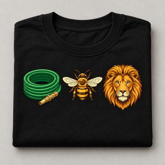 Hose Bee Lion design on a folded black T-shirt