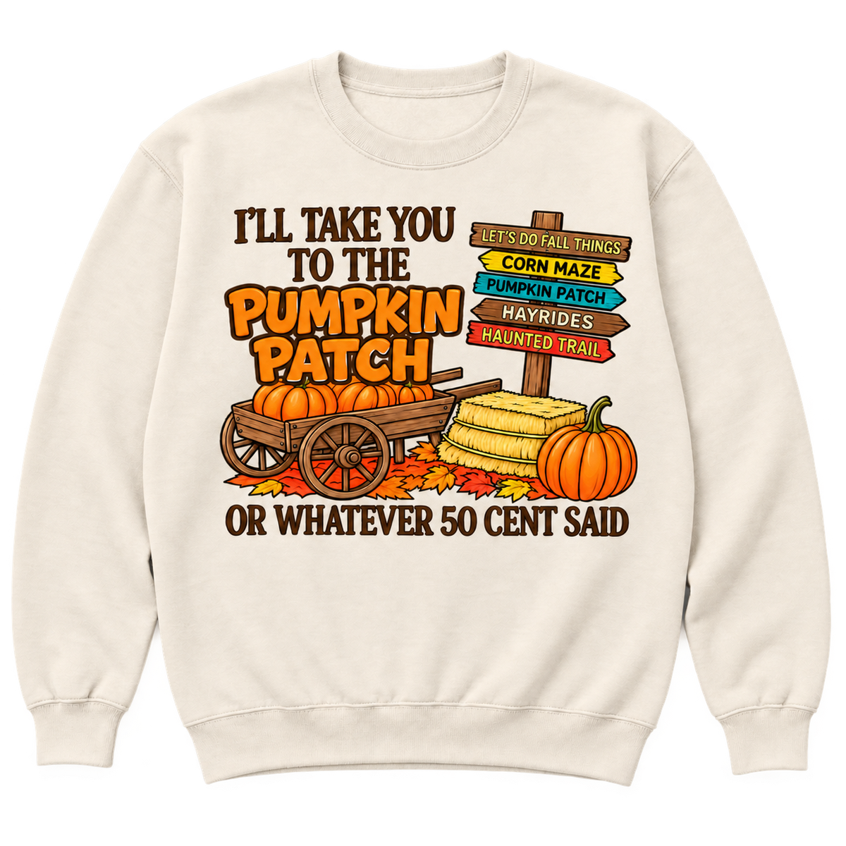 Cream crewneck sweatshirt mockup with orange pumpkin lettering, a pumpkin wagon, hay bales, and fall activity signs.